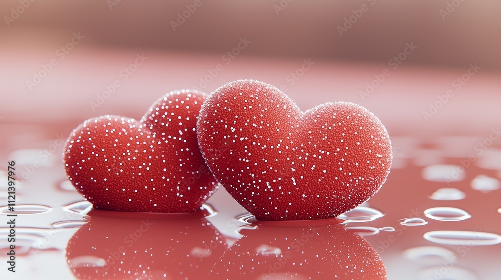 Obraz premium Valentine's Day Celebration with Two Red Hearts and Dew Drops Romantic Moment Close-Up Photography Soft Focus Love Concept