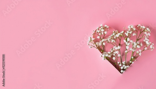 Elegant Pink Spring Photo for International Women’s Day. Heart Shaped Baby’s Breath Arrangement with Copy Space, Perfect for Greeting Cards, Social Media Posts, or Inspirational Feminine Designs