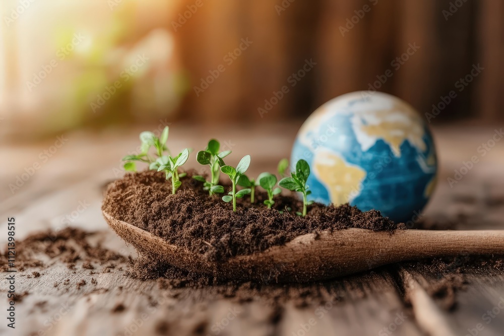 Small Plants Growing from Earth in a Wooden Spoon with Globe in Background Representing Nature and Growth Small Plants Growing from Earth in a Wooden Spoon with Globe in Background Representing Nature and Growth