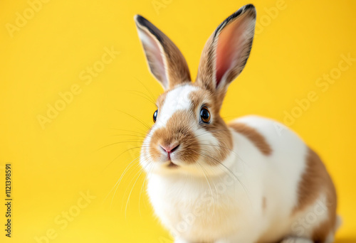 A white and brown rabbit with long ears standing against a bright yellow background