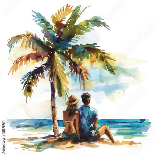 couple enjoying seascape under the coconut tree vector illustration in watercolor style