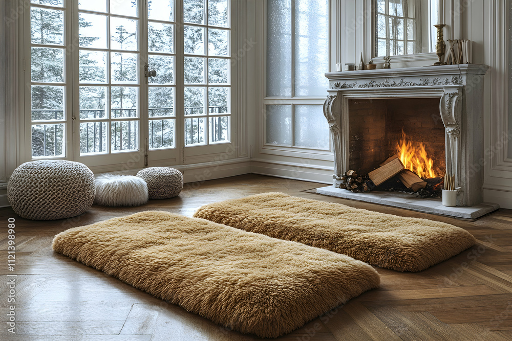 Fototapeta premium Cozy living room with fireplace, two fluffy mats, and winter view.