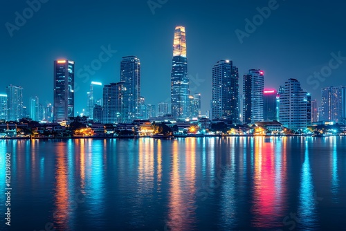 City skyline at night with reflections photo