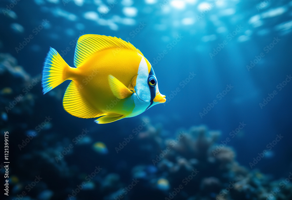 A yellow tropical fish swimming in a blue underwater environment A yellow tropical fish swimming in a blue underwater environment
