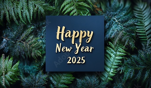 Happy new year Blue Square with Gold Text 2025 Surrounded by Green Leaves