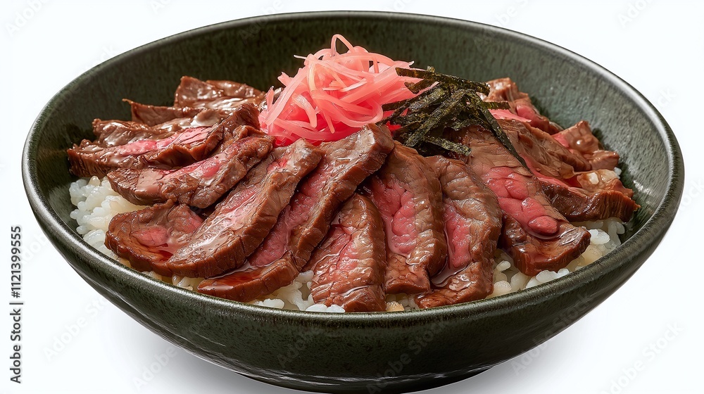 A bowl of rice topped with slices of beef, garnished with pink pickled ginger and seaweed, presenting a delicious Japanese dish. A bowl of rice topped with slices of beef, garnished with pink pickled ginger and seaweed, presenting a delicious Japanese dish.