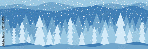 Stylized geometric forest, winter background, snowfall, vector design, banner	