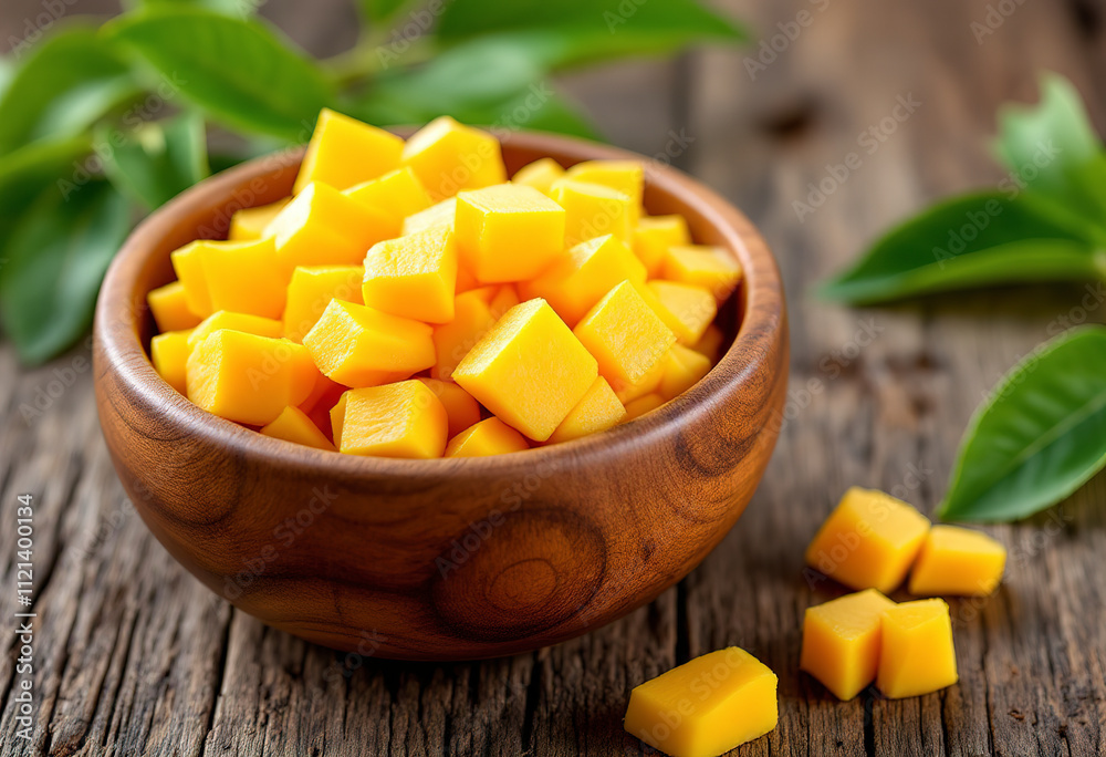Diced mango pieces in a wooden bowl, with green leaves in the background Diced mango pieces in a wooden bowl, with green leaves in the background