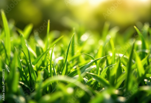 Lush green grass with blades and leaves in the foreground, with a blurred background