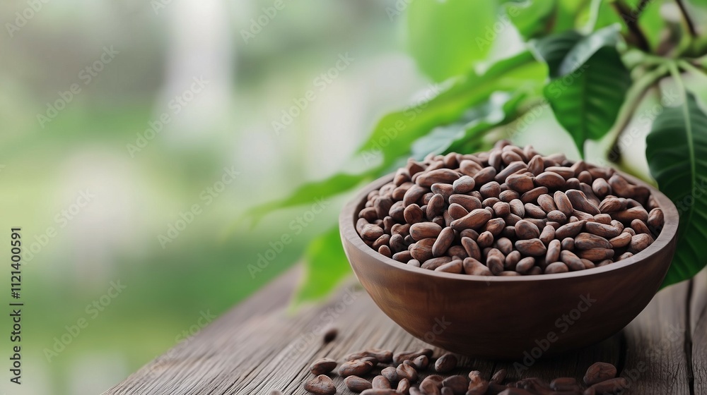 Fresh Cocoa bean in wooden bowl on wooden table with Cocoa plant tree on blur background Fresh Cocoa bean in wooden bowl on wooden table with Cocoa plant tree on blur background