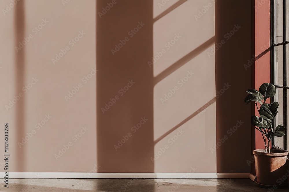 Fototapeta premium Minimalistic interior, mocha mousse wall with light and shadow from the window. Flower pot next to the window.. Copy space.