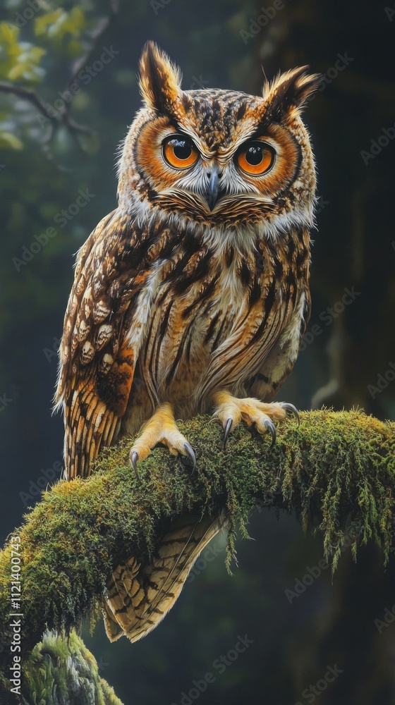 Fototapeta premium Majestic Owl Perched on Mossy Branch