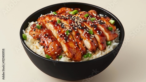 A delicious bowl of teriyaki chicken served over rice, garnished with green onions and sesame seeds, showcasing vibrant colors and appetizing presentation.