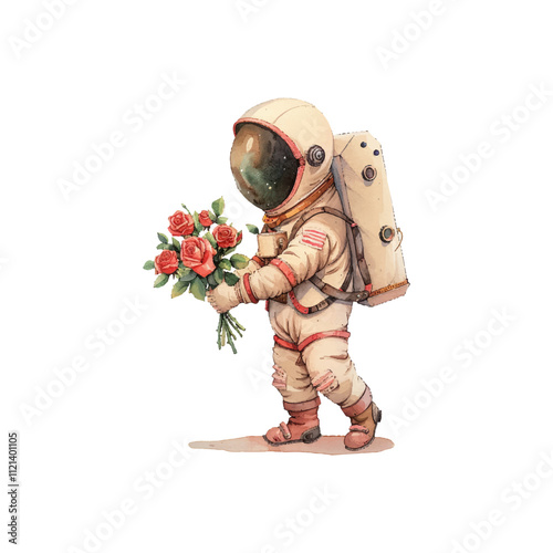 cute astronaut holding roses bouquet vector illustration in watercolor style