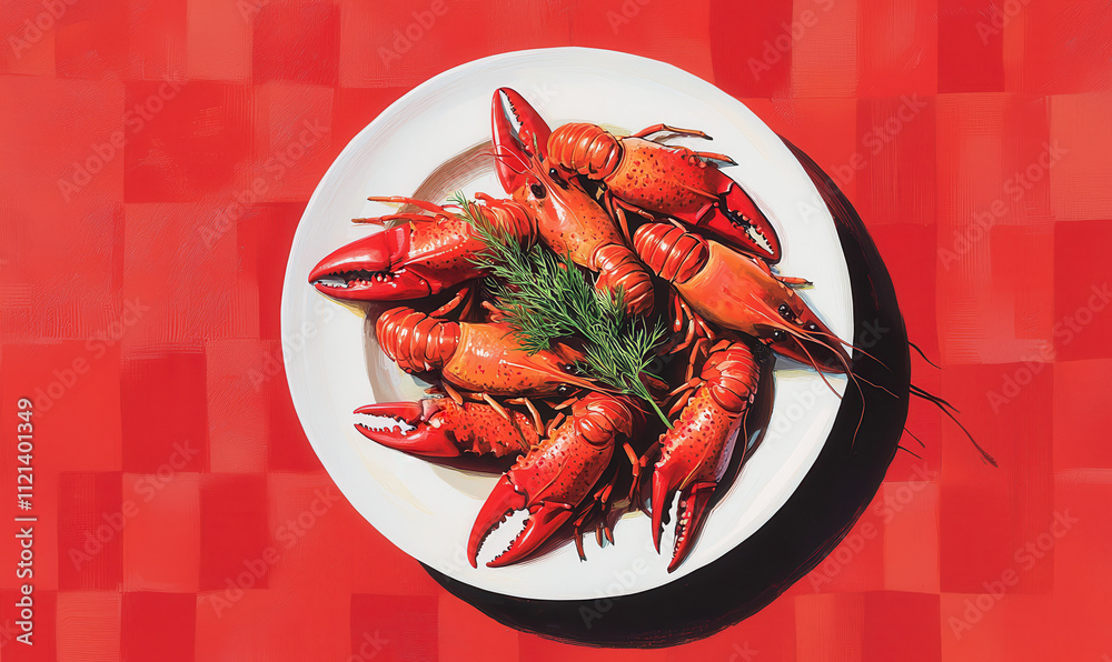 Vibrant Red Crayfish Dish on Checkered Background for Culinary Stock Vibrant Red Crayfish Dish on Checkered Background for Culinary Stock
