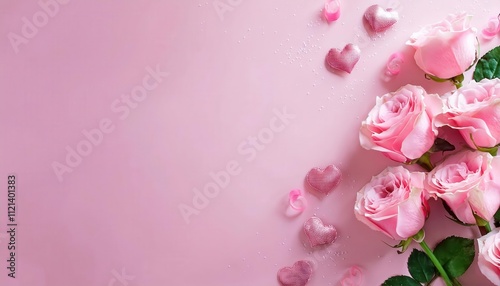 Celebrate International Women's Day on March 8. Elegant Spring Pink Roses, Glitter Hearts, and Copy Space for Feminine Inspired Messages, Invitations, or Social Media Posts in a Chic Pastel Design