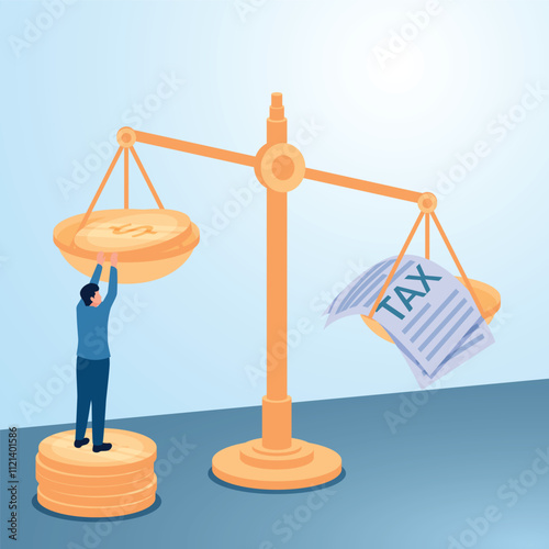A man puts coins on a scale that is weighed down by tax papers. Illustration for paying taxes, tax deductions, taxable income.