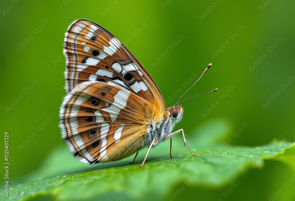 A brown and white butterfly with intricate wing patterns resting on a green leaf against a blurred green background A brown and white butterfly with intricate wing patterns resting on a green leaf against a blurred green background