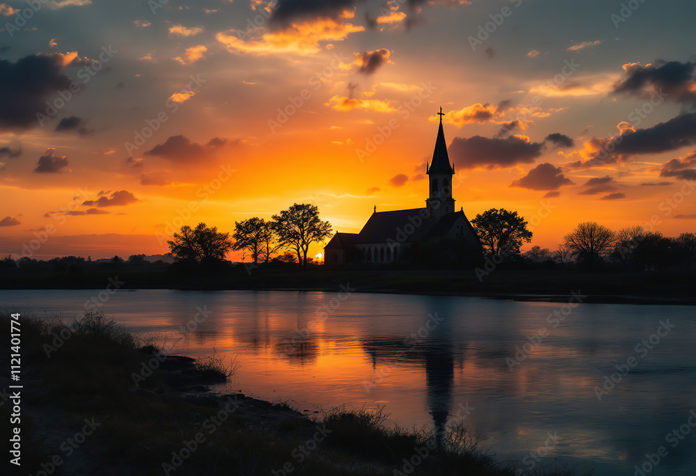 A church silhouetted against an orange sunset sky, with a body of water in the foreground A church silhouetted against an orange sunset sky, with a body of water in the foreground