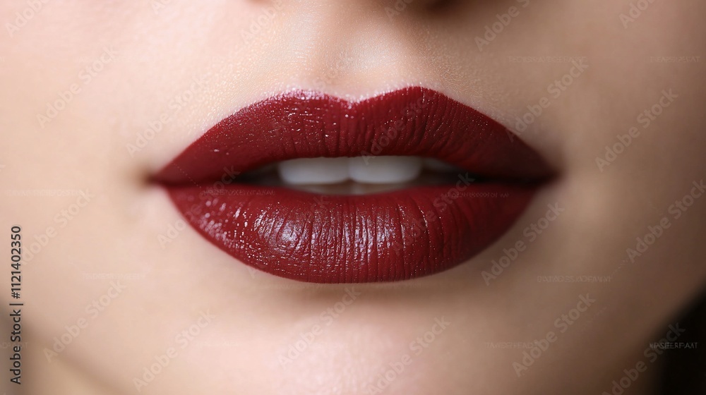 Close-up of perfectly styled lips with deep burgundy lipstick. Close-up of perfectly styled lips with deep burgundy lipstick.