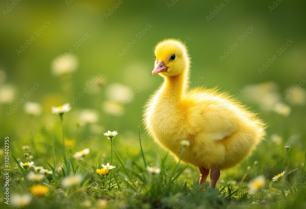 A fluffy yellow gosling standing in a grassy field with white flowers A fluffy yellow gosling standing in a grassy field with white flowers