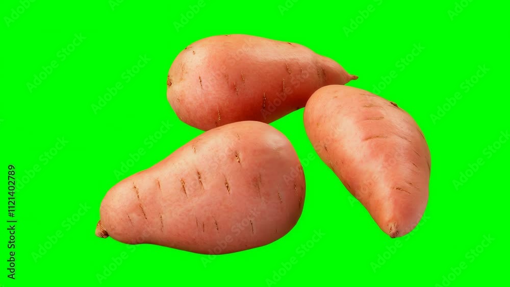 Sweet potatoes on green background showcasing their natural color and shape Sweet potatoes on green background showcasing their natural color and shape
