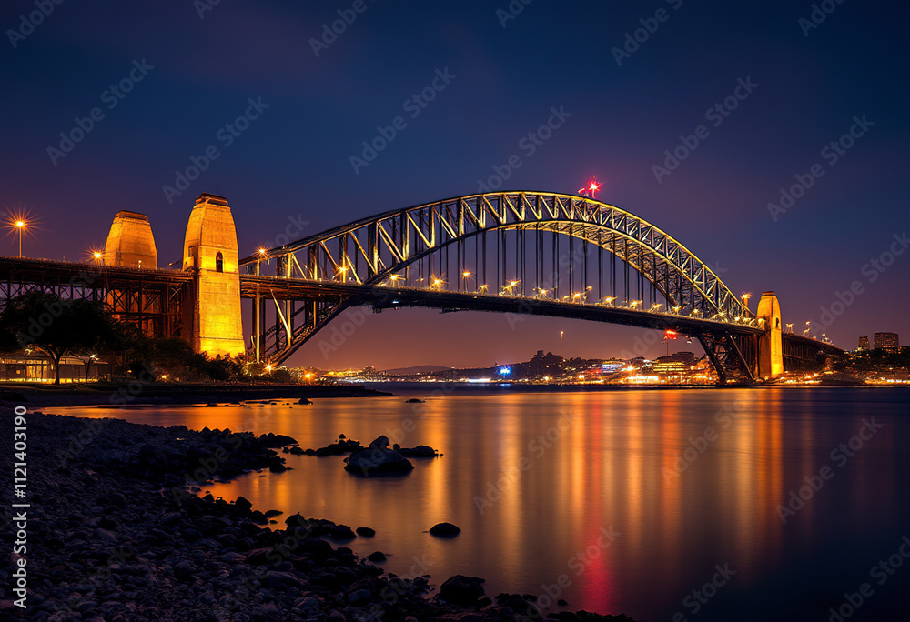 A large illuminated bridge arching over a body of water at night, with the bridge's reflection visible in the calm waters below A large illuminated bridge arching over a body of water at night, with the bridge's reflection visible in the calm waters below