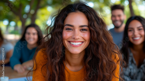 A group of friends from different ethnic backgrounds enjoying a picnic in a park, smiling and laughing.