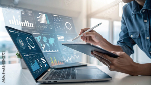 An analyst uses a computer and dashboard for data business analysis and Data Management System, Customers database, gather information to report. Data science technology and digital marketing