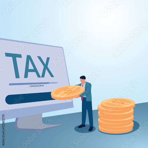 A man inserts a coin into a screen that says tax. Illustration for paying taxes, tax deductions, taxable income.
