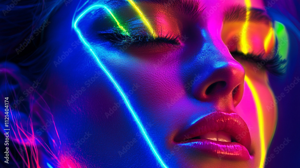 Fototapeta premium Vibrant colors illuminate a woman's face in a stunning artistic expression of light and beauty