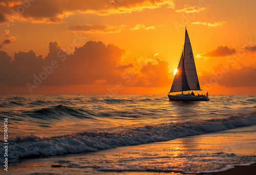 A sailboat silhouetted against a vibrant orange and yellow sunset over the ocean, with waves lapping at the shore in the foreground