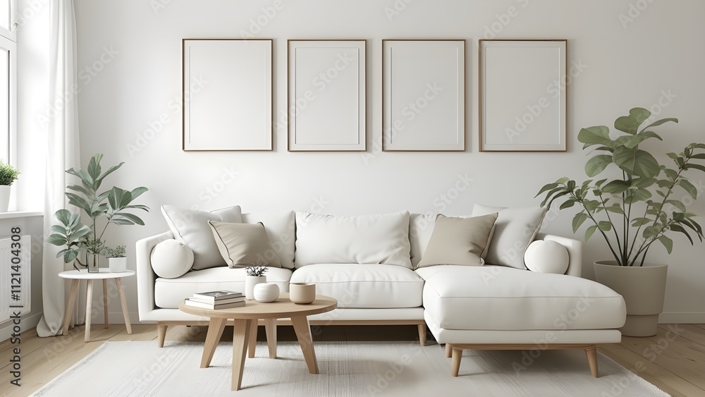 A modern beach house interior with a minimalist design, featuring light grey floors, white walls, abstract ocean-themed artwork, and sleek furniture with blue and green accents A modern beach house interior with a minimalist design, featuring light grey floors, white walls, abstract ocean-themed artwork, and sleek furniture with blue and green accents