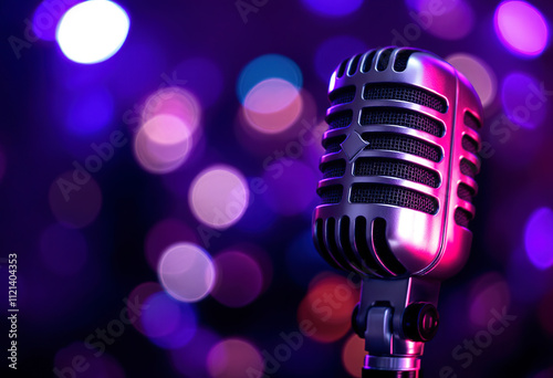 A silver microphone against a blurred purple and blue background with bokeh lights