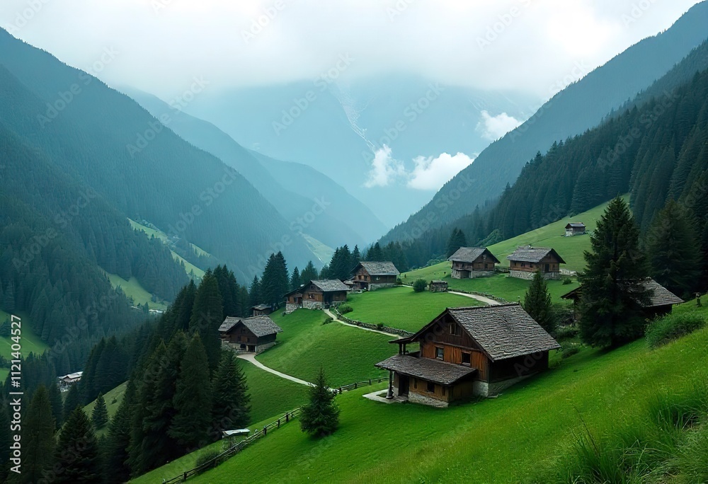 Obraz premium A small village nestled in the misty mountains, with traditional buildings and houses surrounded by lush green hills and forests