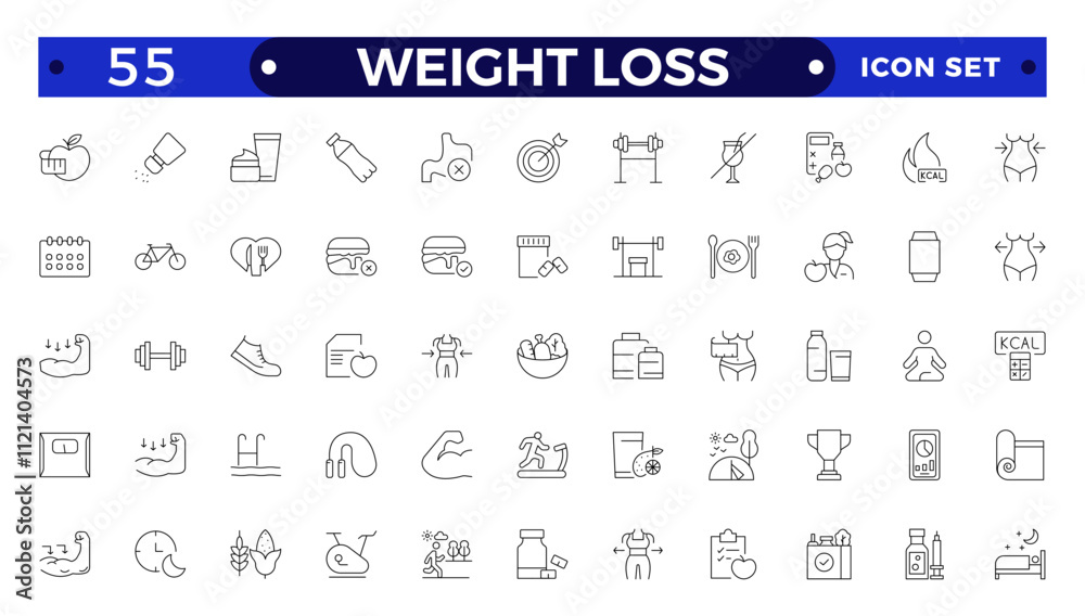 Weight Loss icon set. Containing healthy lifestyle, weight training, body care and workout or exercise equipment icons. Weight Loss icon set. Containing healthy lifestyle, weight training, body care and workout or exercise equipment icons.