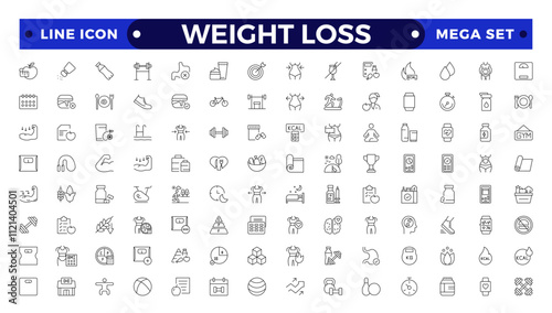 Weight Loss icon set. Containing healthy lifestyle, weight training, body care and workout or exercise equipment icons.