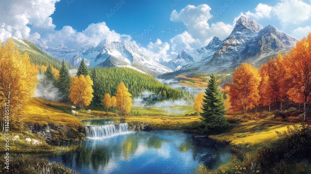 Serene Mountain Landscape with Waterfall and Autumn Foliage Serene Mountain Landscape with Waterfall and Autumn Foliage