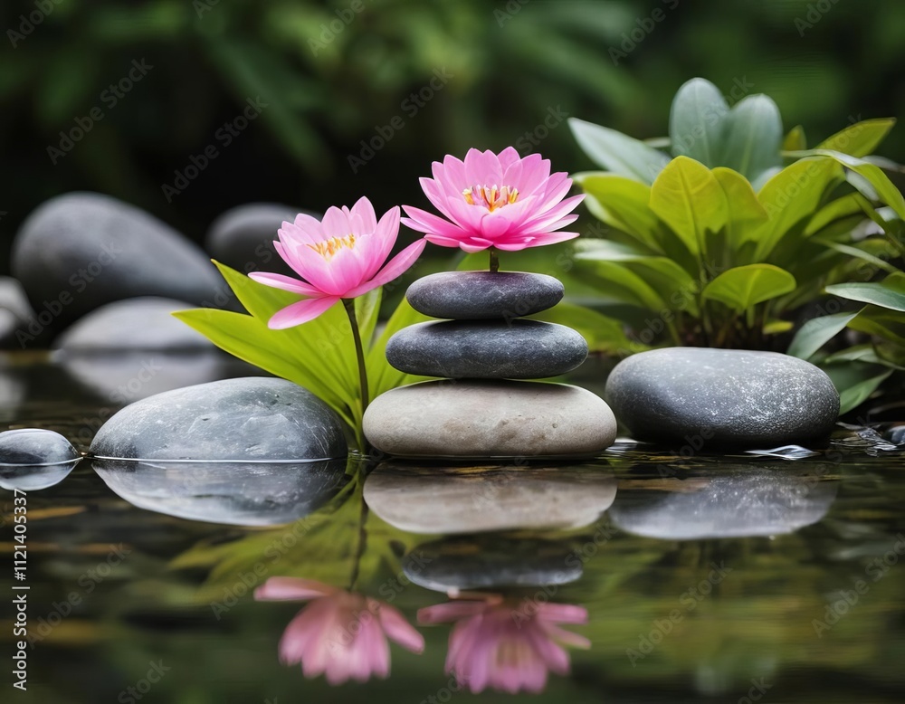 Fototapeta premium Tranquility in Nature: Lotus Flowers and Stones in a Peaceful Pond