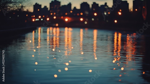 City skyline and glowing reflections dance on the water at twilight, evoking a sense of urban tranquility and evening magic.