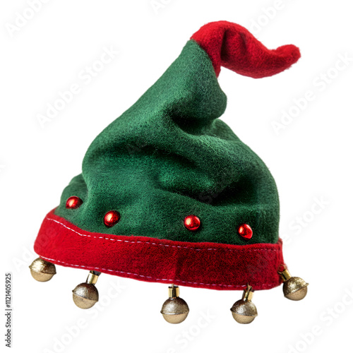 A Christmas elf hat with bells and red trim, isolated on transparent background