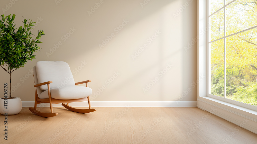 A single rocking chair placed in an empty pastel-colored room. A single rocking chair placed in an empty pastel-colored room.