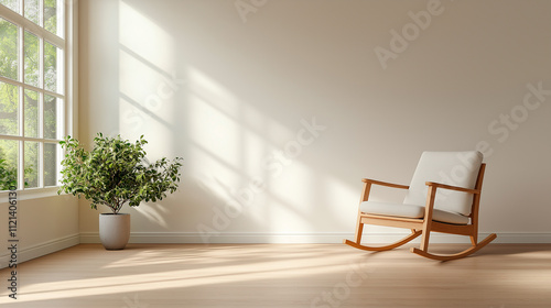 A single rocking chair placed in an empty pastel-colored room.