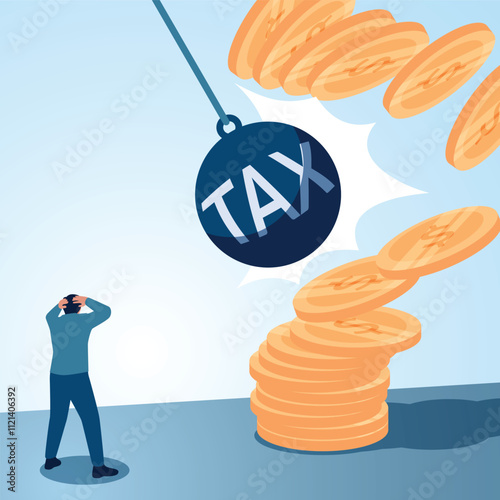 A man panics seeing a metal ball with tax written on it crushing a pile of coins. Illustration for paying taxes, tax deductions, taxable income.