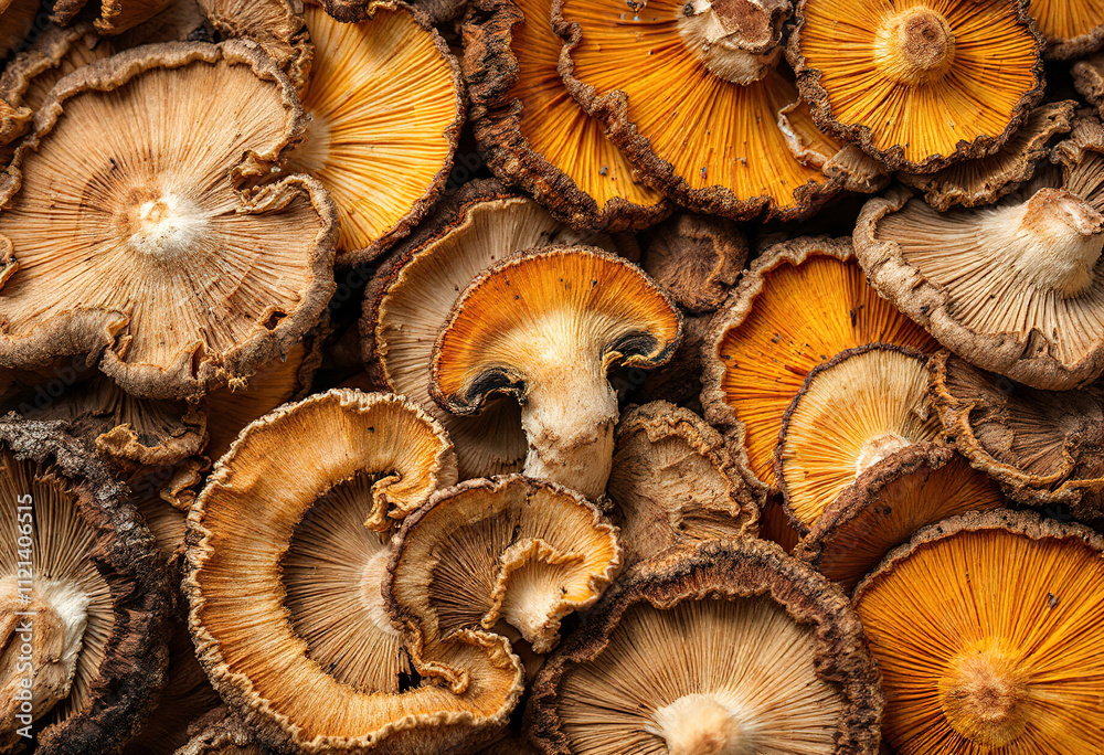 Dried mushroom slices, with various shades of brown and orange colors, arranged in a textured pattern Dried mushroom slices, with various shades of brown and orange colors, arranged in a textured pattern