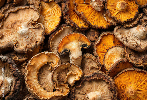 Dried mushroom slices, with various shades of brown and orange colors, arranged in a textured pattern