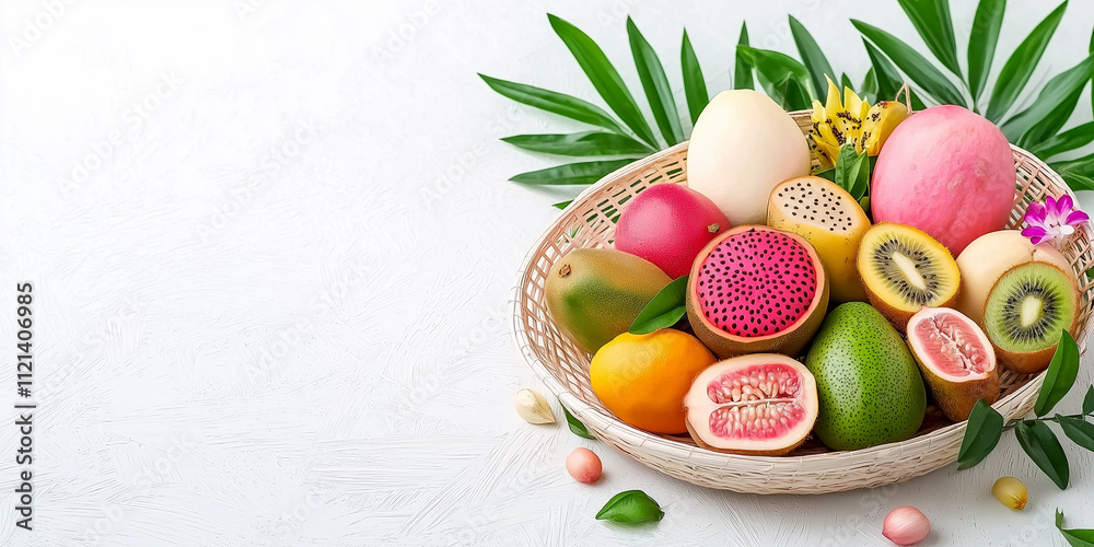 Oval basket with assorted exotic fruits, on a white background Oval basket with assorted exotic fruits, on a white background