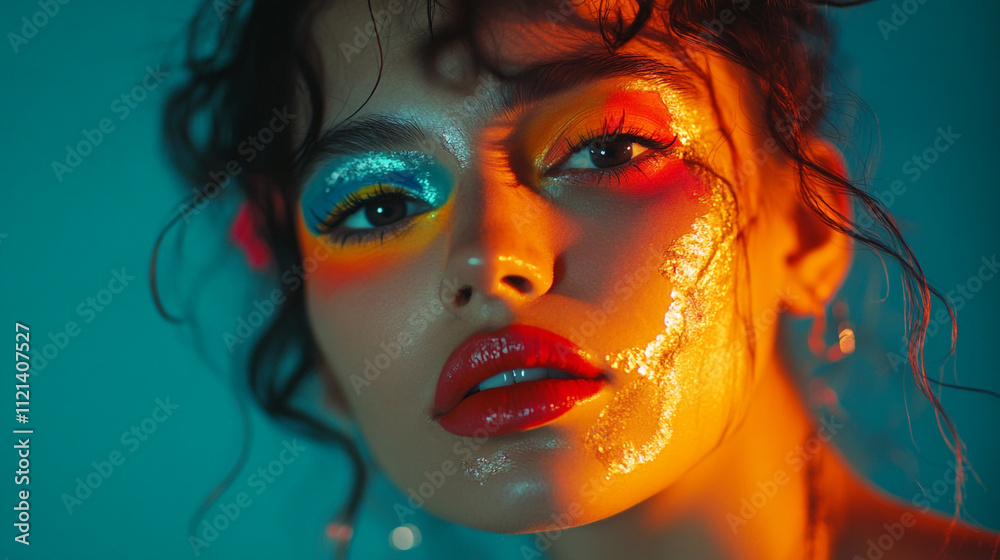 Fototapeta premium Colorful artistic makeup enhances a model's features in a creative studio setup