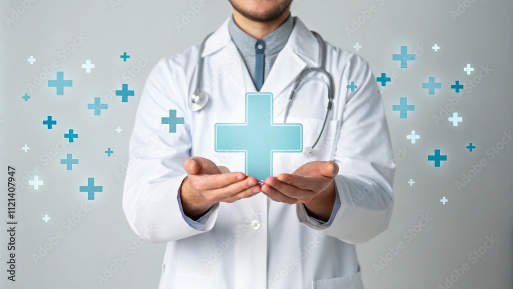 Male medicine doctor hold healthcare medical icons for the Health insurance concept in hospital background Male medicine doctor hold healthcare medical icons for the Health insurance concept in hospital background