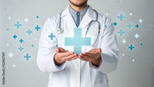 Male medicine doctor hold healthcare medical icons for the Health insurance concept in hospital background